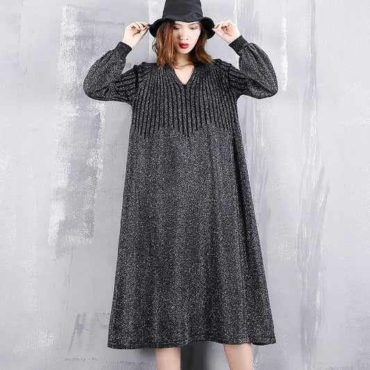2021 black sweater dress plus size v neck sweater vintage baggy Cinched winter dress